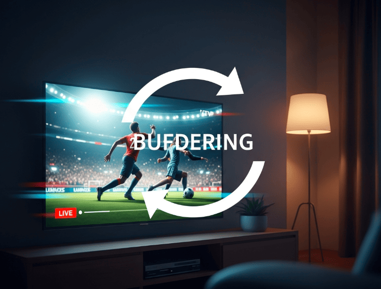En illustration som visar en buffrande symbol över en TV-skärm, vilket symboliserar problemet med att IPTV laggar.